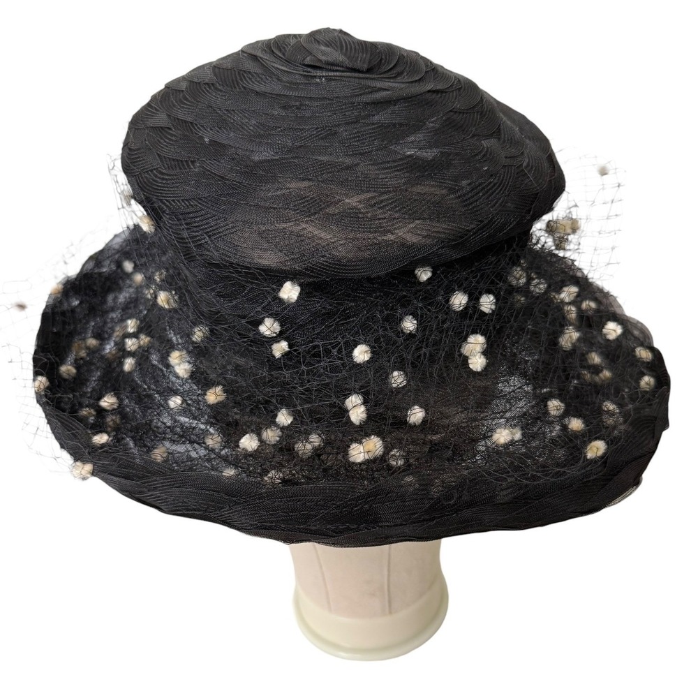 Vintage Eric Javits Black Mesh Birdcage Veil Hat with Cream Flower and Pom-Poms - Picture 5 of 8